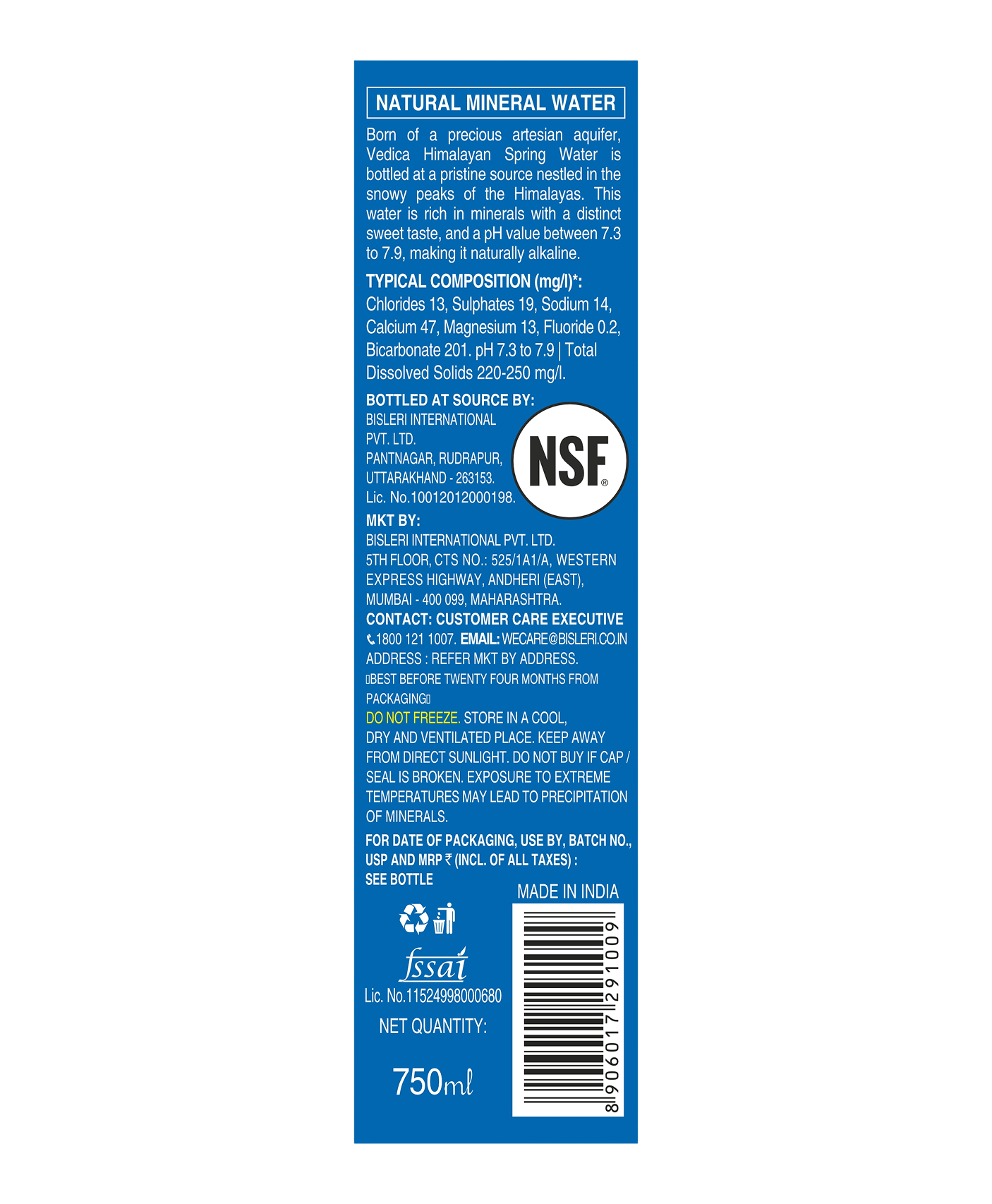 Vedica 750 ML Himalayan Spring Water Bottle details on label